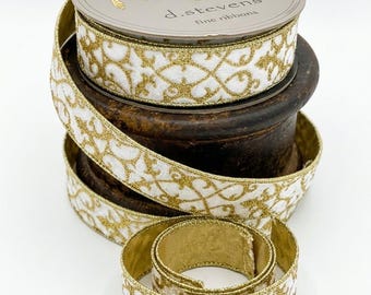 Ornate damask velvet glitter treillage winter white wire edge holiday elegance ribbon 1.5 x 10yards by d stevens
