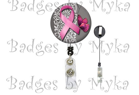 Retractable ID Badge Holder - Breast Cancer Ribbon with Butterfly