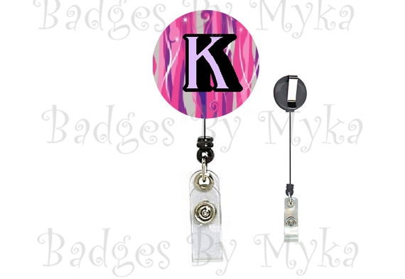 Retractable ID Badge Holder - Pink Retro Stripes (alphabet)