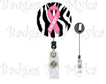 Retractable ID Badge Holder -Zebra Breast Cancer Ribbon
