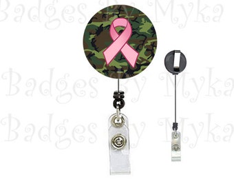 Retractable ID Badge Holder - Camo Breast Cancer Ribbon