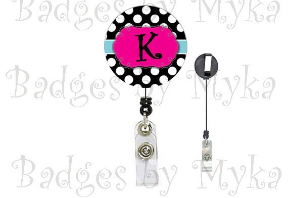 Retractable ID Badge Holder - Pink and black polka dot