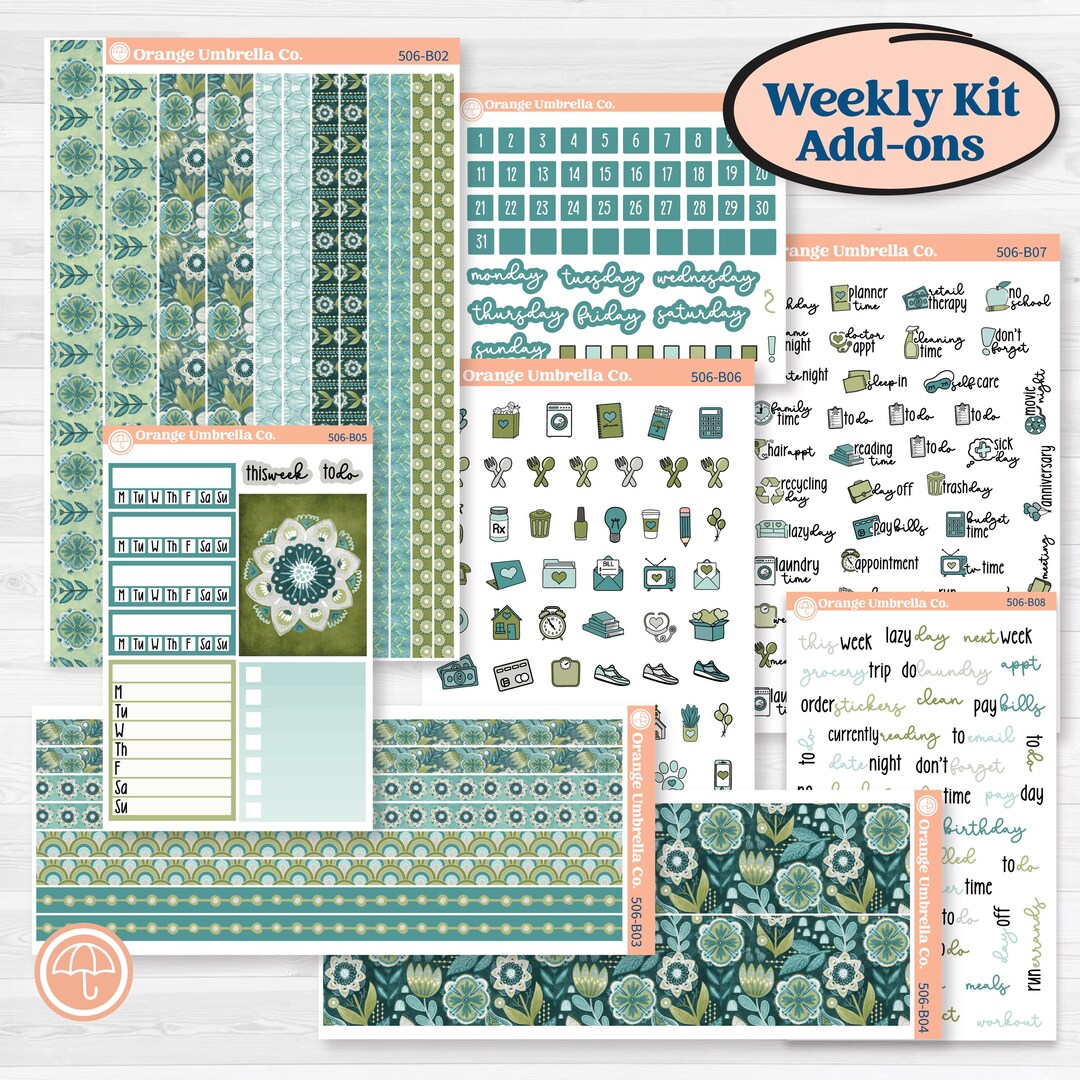 Soft Blue Florals Kit | Weekly Add-on Planner Kit Stickers | Blue Flora ...