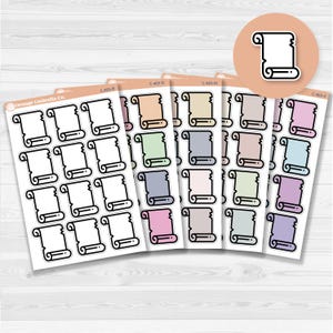May include: Sheets of scroll stickers in various pastel colors, including peach, green, blue, pink, and lavender. Each sticker features a black outline of a scroll. The stickers are arranged on a light wood-grain surface.