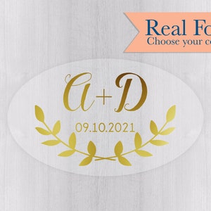 Oval Initials and Date Wedding Stickers, Personalized Clear Transparent Color Foil Wedding Stickers, Save The Date Labels (#105-1-OV-CF)