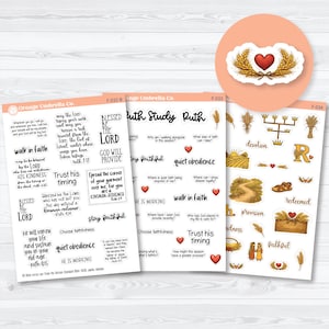 May include: A collection of paper stickers with religious themes. The stickers feature Bible verses, inspirational phrases, and decorative elements like hearts, wheat, and a heart-shaped design. The stickers are designed for journaling and crafting.
