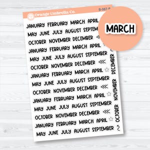 May include: A sheet of planner stickers with the months of the year printed in black. A peach-colored circle with the word "MARCH" in white is in the upper right corner. The brand name "Orange Umbrella Co." is at the top.