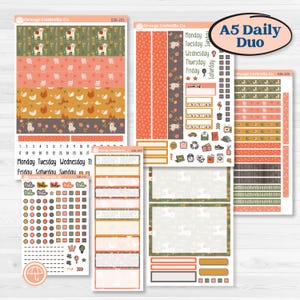 May include: A collection of planner stickers with various designs, including farm animals, floral patterns, and geometric shapes. The stickers feature a color palette of orange, green, brown, and white. The text "A5 Daily Duo" is visible.
