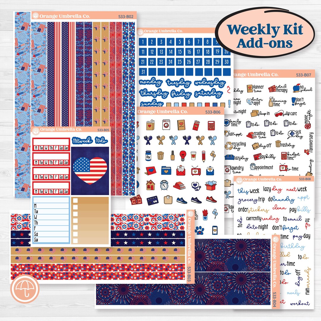 Fourth of July | Weekly Add-on Planner Kit Stickers | Red White ...