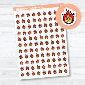 May include: A sheet of stickers with a repeating pattern of small, stylized flames in red, orange, and yellow. The stickers have a white border and are arranged on a white background. A circular sticker with a flame design is also shown.