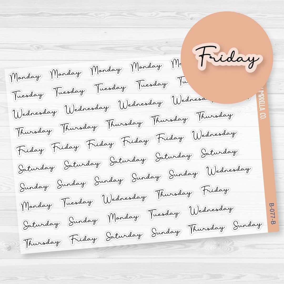Day of the Week Stickers | Script Planner Headers | Clear Matte F5 | B ...