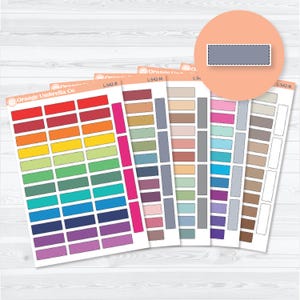 May include: Sheets of colorful rectangular stickers with a dotted border, arranged in rows. The stickers are in various colors, including red, orange, yellow, green, blue, and purple. The text "Orange Umbrella Co." is visible on the top left of the sheets.