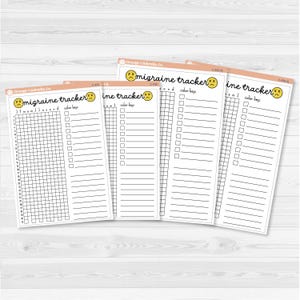 May include: Several white migraine tracker sheets with a peach border are arranged on a light wood surface. Each sheet has a title, "migraine tracker", and a sad face emoji. The sheets have boxes for tracking symptoms.
