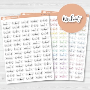 May include: Sheets of stickers with the word "Workout" in a handwritten font. The stickers are in various colors, including pink, yellow, and blue. The stickers are from Orange Umbrella Co.