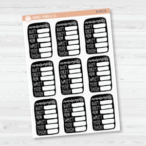 Body measurement tracking sticker sheet with bust, waist, and hip logs in assorted colors.