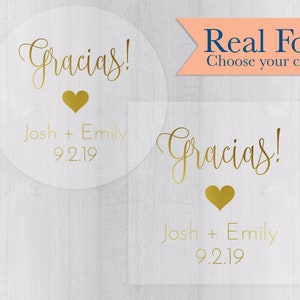 Gracias Stickers, Gold Foil on Clear Transparent Wedding Favor Labels, Favor Stickers (#273-CF)