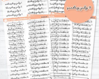 May include: A collection of planner stickers with dates and days of the week in a handwritten style. The stickers are printed on white paper with an orange header and the text "Orange Umbrella Co."