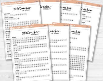 May include: A stack of Bible trackers from Orange Umbrella Co. The trackers are printed on white paper with a peach-colored border. Each tracker has a list of books and numbers for tracking reading progress.