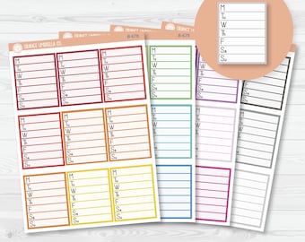 Puede incluir: Pegatinas de planificador semanal coloridas con los días de la semana etiquetados. Cada pegatina tiene un borde de color diferente, incluyendo rojo, naranja, amarillo, verde, azul, morado y gris. Medidas en cm.