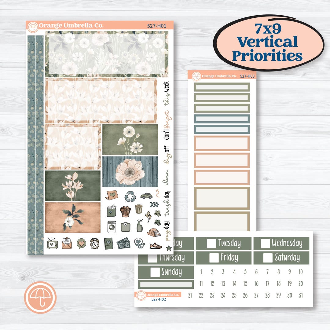 Neutral Botanical | Plum Vertical Priorities 7x9 Planner Kit Stickers ...