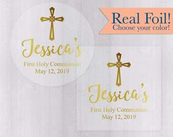 Baptism, First Communion Stickers, Foiled First Holy Communion For Favors or Envelope Seals (#636-CF)
