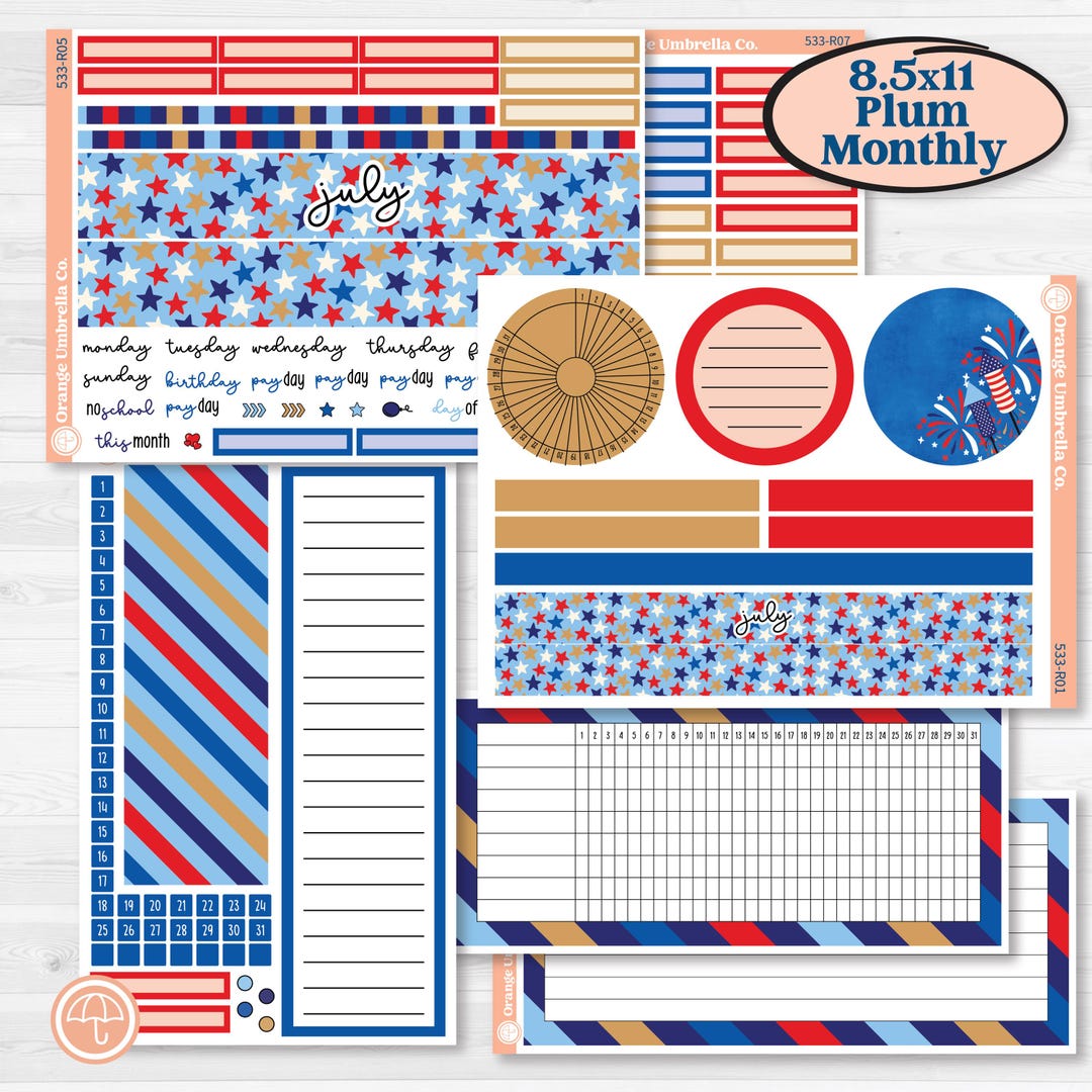 Fourth of July | 8.5x11 Plum Monthly + Dashboard Planner Kit Stickers ...