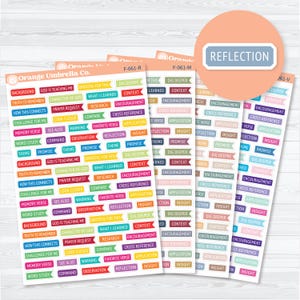 May include: Four sheets of rectangular stickers featuring various religious study prompts in multiple colors. Each sticker contains text such as "Reflection," "Dig Deeper," "Prayer Request," "Command," "Promise," "Theme," and "Context" in a banner shape.