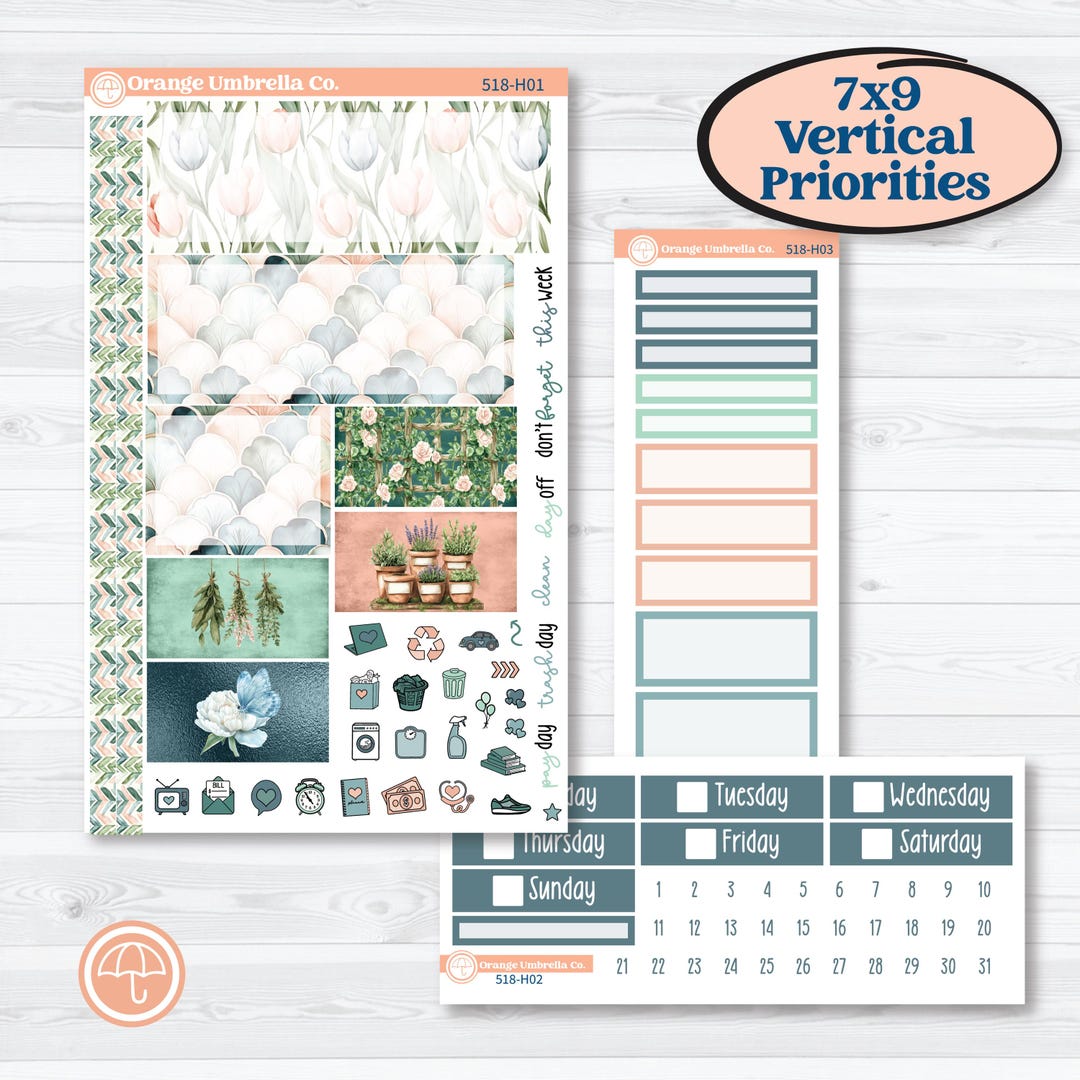 Spring Floral Kit | Plum Vertical Priorities 7x9 Planner Kit Stickers ...