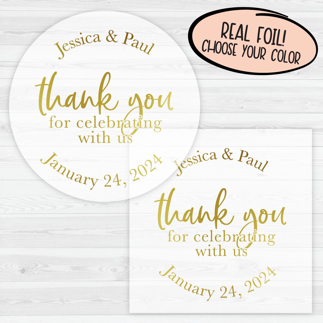Printed Thank You Stickers | Gold Foil on Clear Transparent Wedding ...