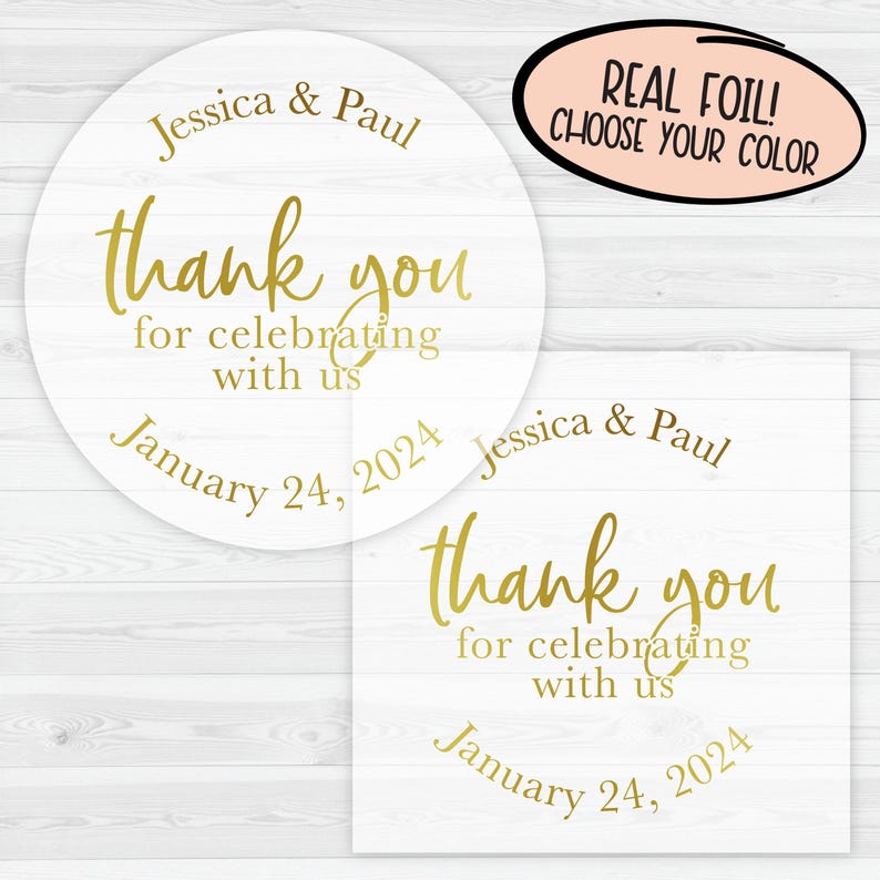 Printed Thank You Stickers | Gold Foil on Clear Transparent Wedding ...