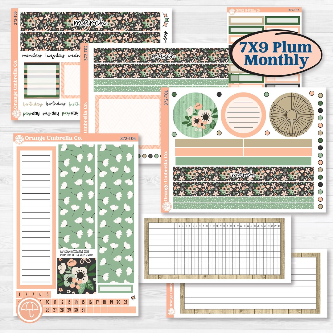 Spring Floral Kit | 7x9 Plum Monthly & Dashboard Planner Kit Stickers ...