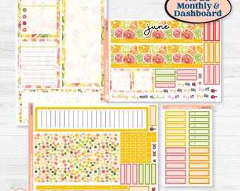 Puede incluir: Un conjunto de pegatinas para planificador con temática de frutas cítricas. Las pegatinas incluyen varias formas y tamaños, con la palabra "Junio" escrita en algunas. La paleta de colores incluye naranja, rosa, verde y amarillo.