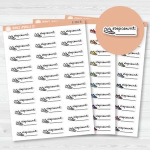 May include: Sheets of planner stickers featuring a sneaker icon and the text "stepcount:". The stickers are in various colors, including red, orange, yellow, green, blue, purple, and black. The stickers are designed for tracking steps.