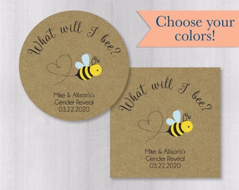 What Will I Bee? Kraft Brown Gender Reveal, Baby Shower Stickers, Honey Favor Labels (#677-1-KR)