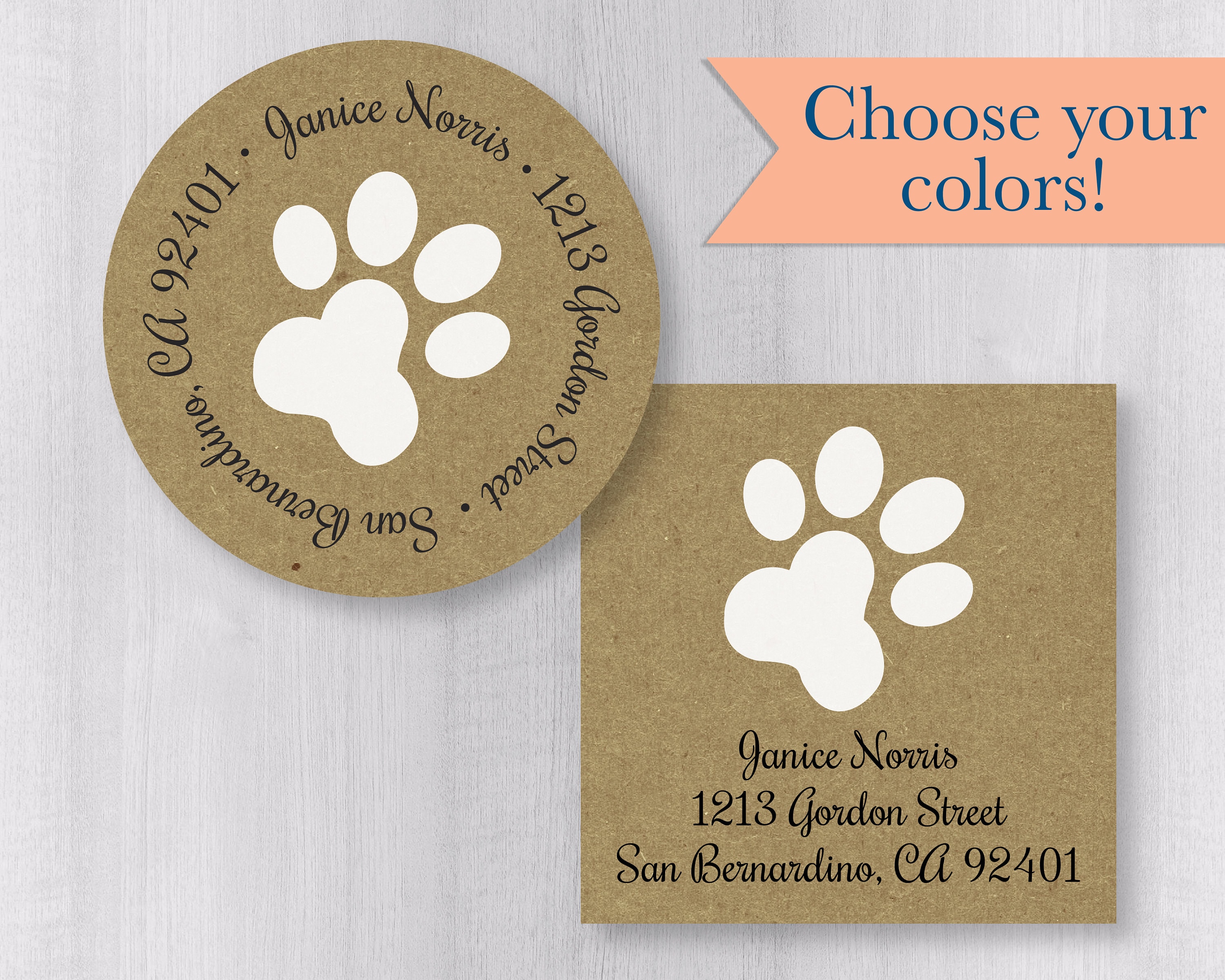 Paw Print Return Address Labels Dog Cat Lover Kraft Brown ...