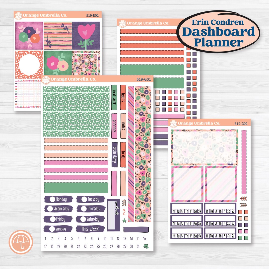 Bright Florals | Erin Condren 7x9 Weekly Dashboard Planner Kit Stickers ...