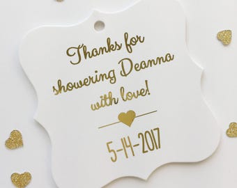 Bridal Shower Favor Tags, Gold Foiled Thanks for Showering with Love, Custom Shower Tags, Custom Shower Hang Tags  (FS-068-F)