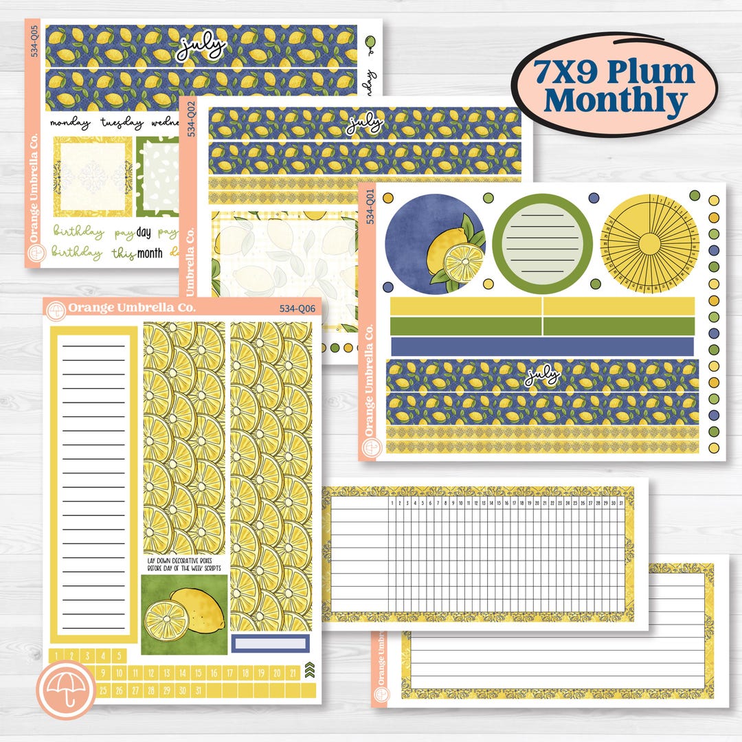 Summer Lemon Kit | 7x9 Plum Monthly & Dashboard Planner Kit Stickers ...