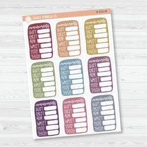 Body measurement tracking sticker sheet with bust, waist, and hip logs in assorted colors.