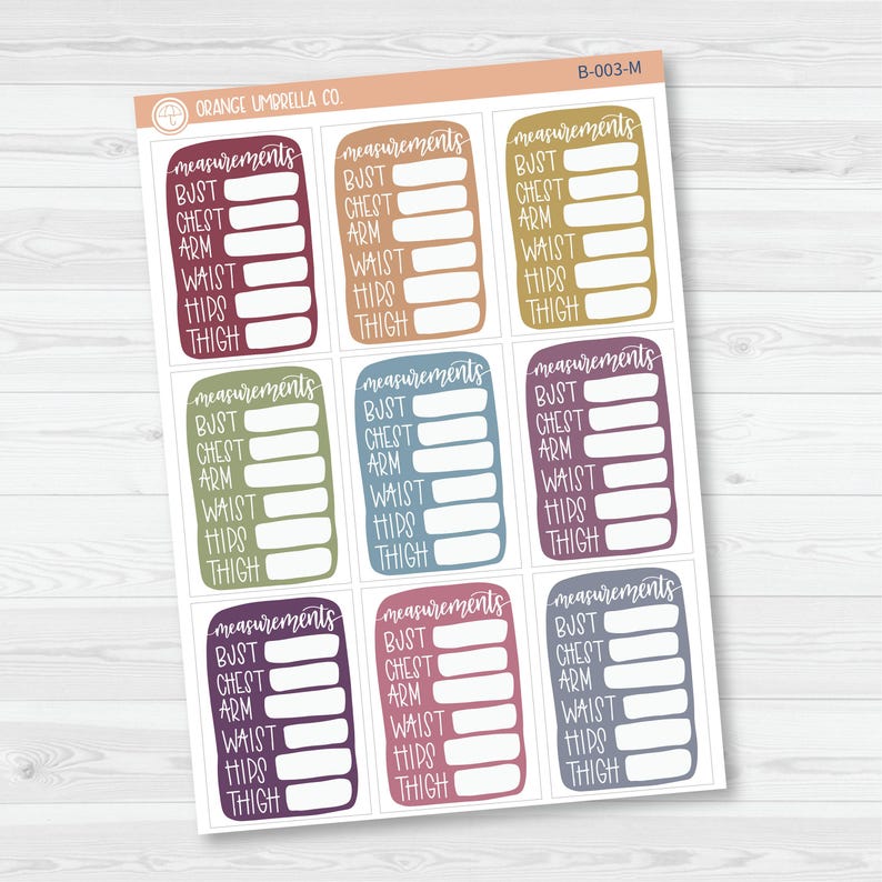 Body measurement tracking sticker sheet with bust, waist, and hip logs in assorted colors.