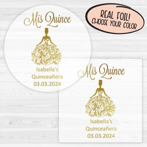 Foiled Mis Quince Transparent Stickers | Etiquetas de Quinceañera Personalizadas | Clear Sweet 15 Favor Labels Gold Foil Stickers | 027-CF