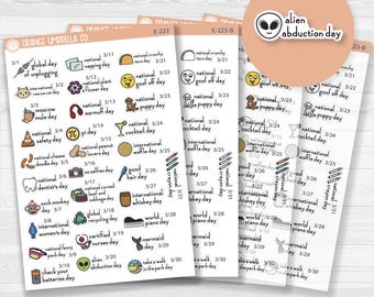 March Wacky Holidays Script Planner Stickers | F16 | E-223