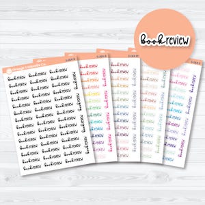 May include: Four sheets of adhesive stickers featuring the text book review in various colours and fonts. The first sheet has black text, while the others feature multicoloured text including pink, orange, yellow, green, blue, and purple.
