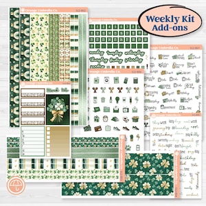 May include: A collection of planner stickers and accessories in shades of green and gold. The set includes weekly kit add-ons, decorative strips, and functional stickers with text like "this week to do" and "Weekly Kit Add-ons."