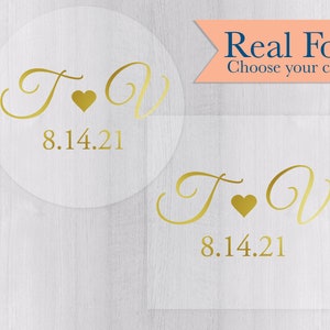 Initials Wedding Sticker, Gold Foil on Clear Transparent Personalized Wedding Invitation Sticker, Save The Date Stickers (#292-CF)