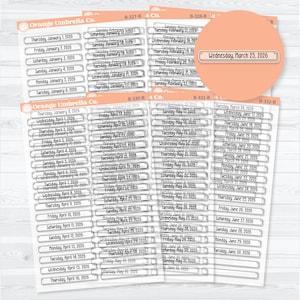May include: Sheets of date stickers with the text "Orange Umbrella Co." and dates from January to June 2026. One sticker highlights "Wednesday, March 25, 2026."