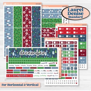 May include: A collection of decorative planner stickers with a Christmas theme. The stickers feature various designs, including Christmas trees, ornaments, and the word "December." The color palette includes red, green, and blue.