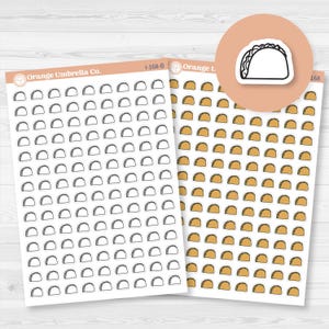 May include: Two sheets of taco-themed stickers. One sheet features black and white taco outlines, while the other has tan-colored taco illustrations. A circular sticker showcases a taco outline. The text "Orange Umbrella Co." is visible.