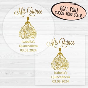 Foiled Mis Quince Transparent Stickers | Etiquetas de Quinceañera Personalizadas | Clear Sweet 15 Favor Labels Gold Foil Stickers | 027-CF