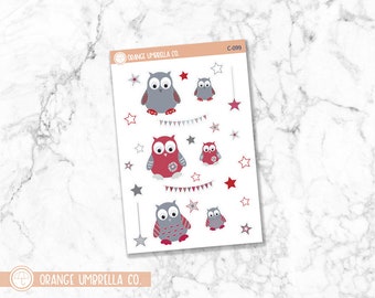 Party Owls - Red/Grey Deco Planner Stickers | C-099